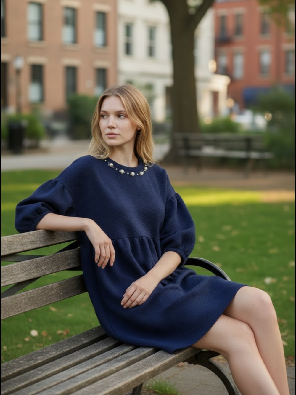 Simply Southern Blue Half Puff Sleeve embellishment dress